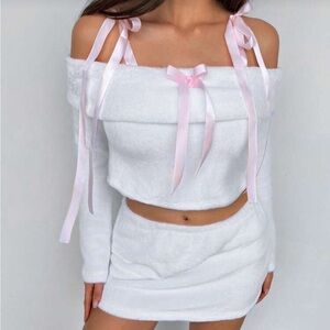 White Plush Off-Shoulder Mini Skirt with Pink Ribbon Detail